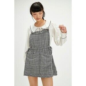 Free People Chrissie Mini Skirtall Dress Pinafore Black White Cotton XL 285823